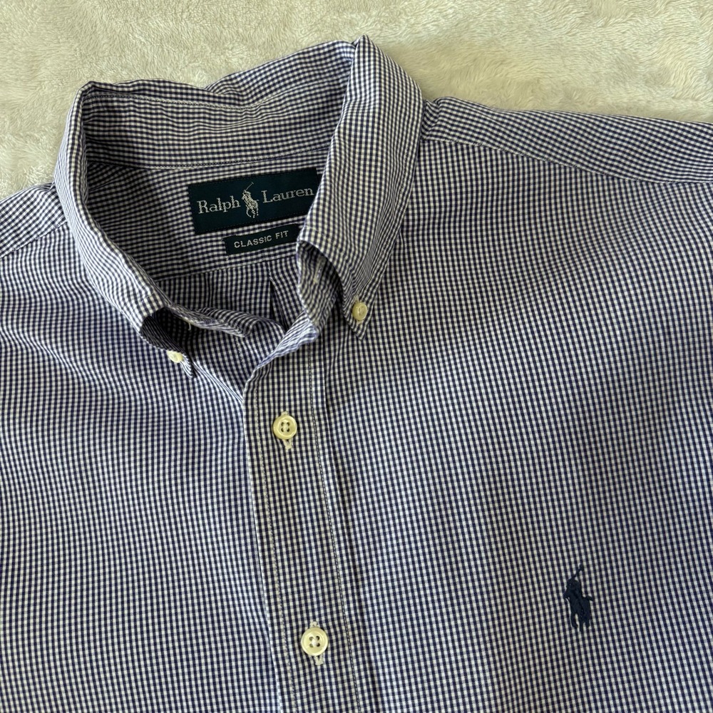 Ralph Lauren Men‎ Classic Fit Gingham Button Down Shirt Blue White Size 17